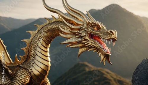 Dynamic 3D dragon figures with intricate golden detailing for New Year celebration. photo