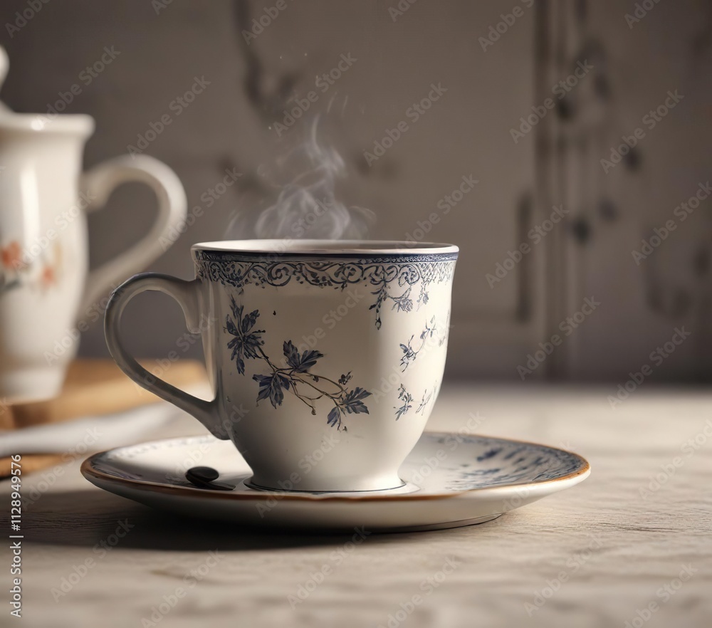Steaming cup of Earl Grey tea on a vintage ceramic mug, hot beverage, ceramic tea cup Steaming cup of Earl Grey tea on a vintage ceramic mug, hot beverage, ceramic tea cup