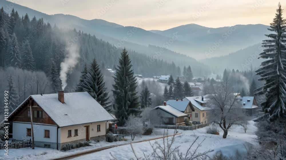 Snowy Mountain Village with Smoke Rising from Cozy Chimneys Snowy Mountain Village with Smoke Rising from Cozy Chimneys