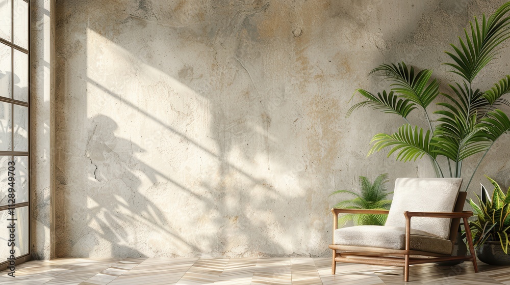 Chic interior showcasing a sleek armchair and a leafy plant beside a neutral plaster wall