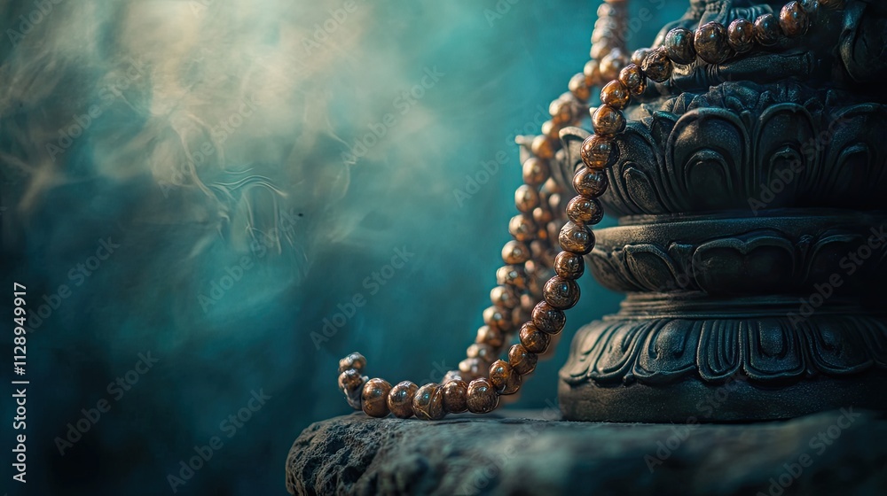Obraz premium Sacred beads draped over a stone statue, their soft light reflecting ancient traditions, set against a deep, meditative background