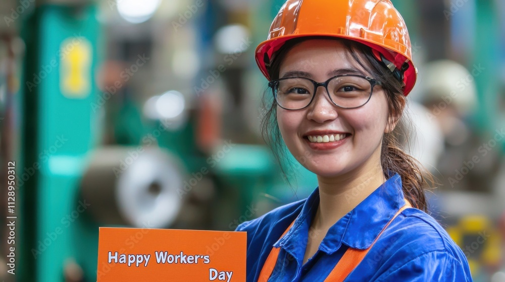 Confident Female Construction Worker Smiling in Hardhat and Workwear at Industrial Site Confident Female Construction Worker Smiling in Hardhat and Workwear at Industrial Site
