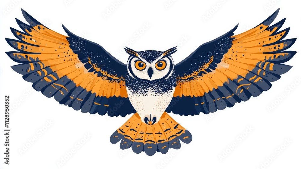 Obraz premium A simple flat illustration of an owl flying with wings spread, clean vector style, on a white background