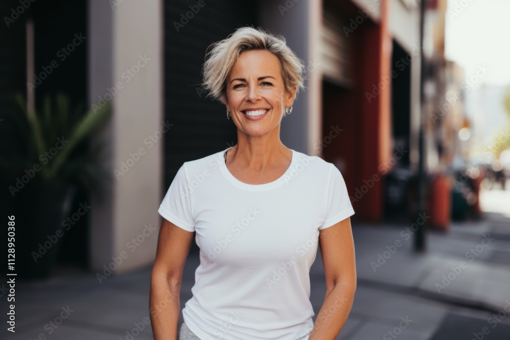 Portrait of a middle aged body positive Caucasian woman in sporty white t shirt outside Portrait of a middle aged body positive Caucasian woman in sporty white t shirt outside