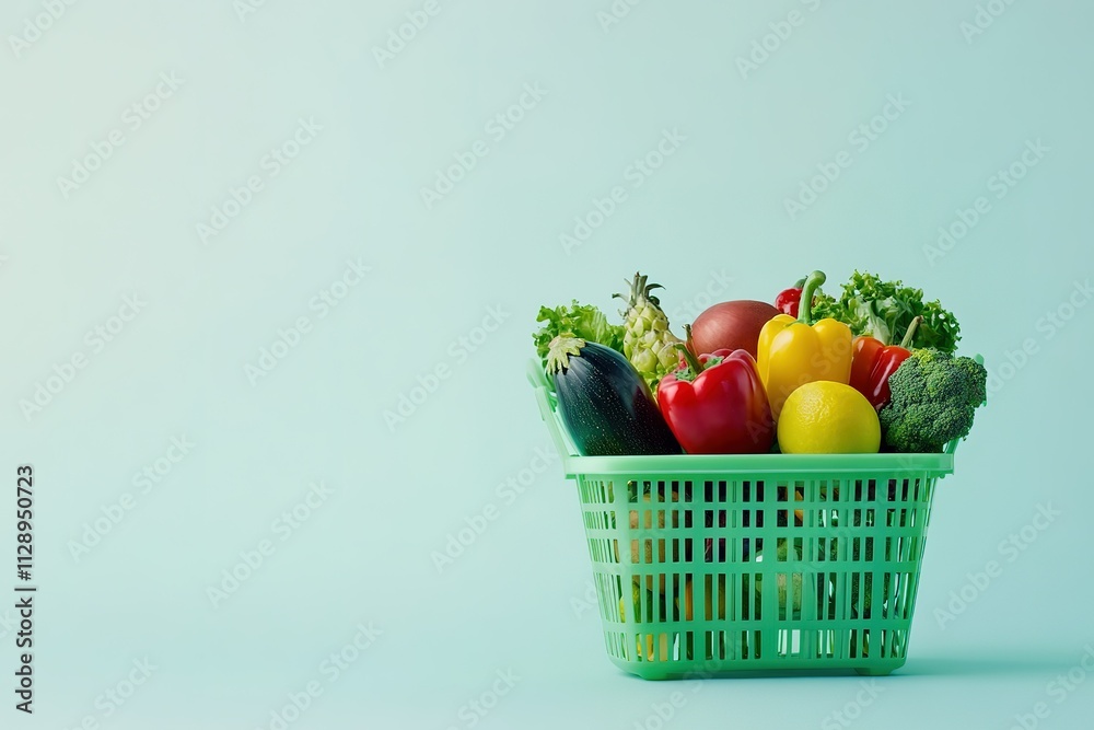 A green basket filled with a variety of fruits and vegetables