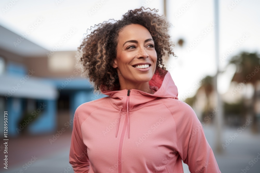 Fototapeta premium Portrait of a middle aged body positive African American woman in sporty clothes outside