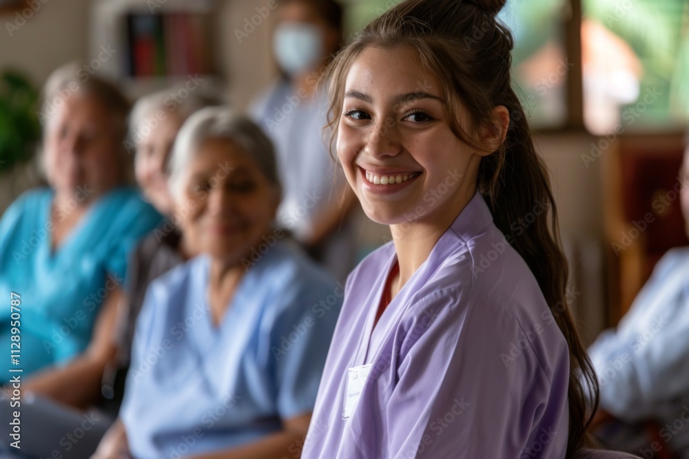 Young Hispanic nurse wearing light purple medical
