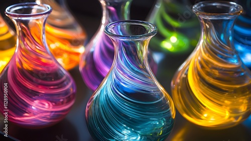 A macro shot of glass flasks holding swirling liquids of vibrant colors, illuminated by soft, directional light, capturing the fine details of light bending through the glass.