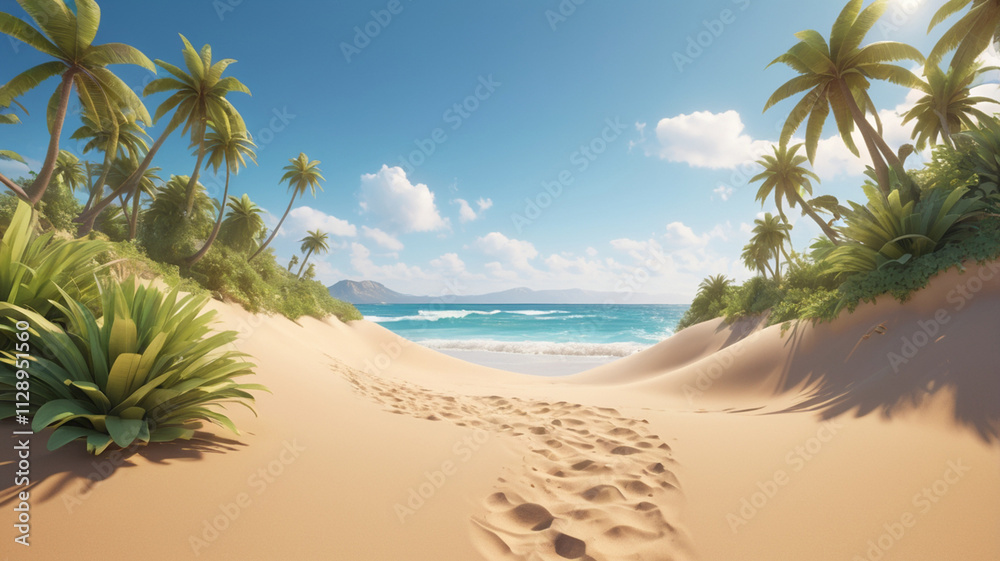 Tropical beach paradise, sunny path to the ocean, lush vegetation, footprints in the sand.