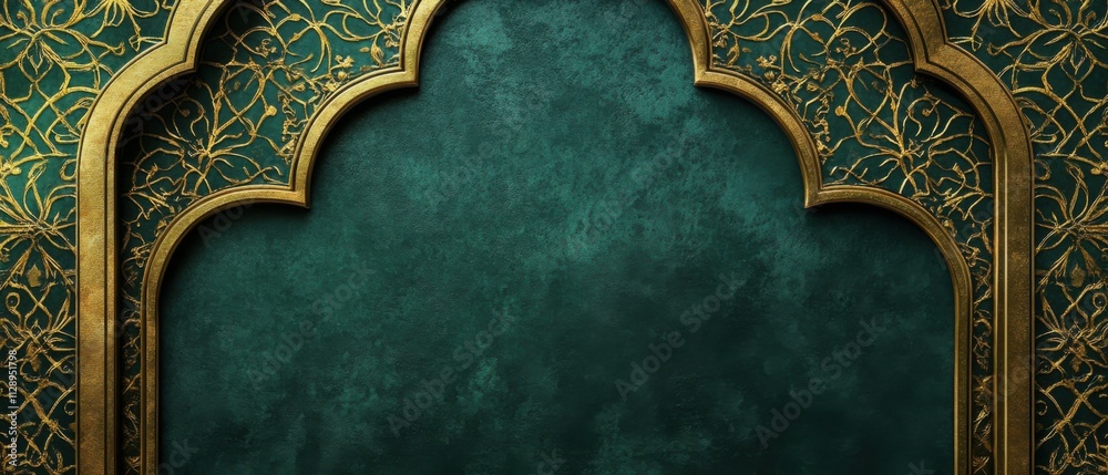 Elegant Gold and Teal Archway with Intricate Floral Design Background Elegant Gold and Teal Archway with Intricate Floral Design Background