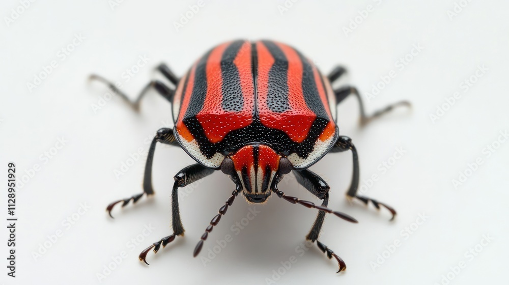 A close-up of a colorful striped beetle on a white background. A close-up of a colorful striped beetle on a white background.