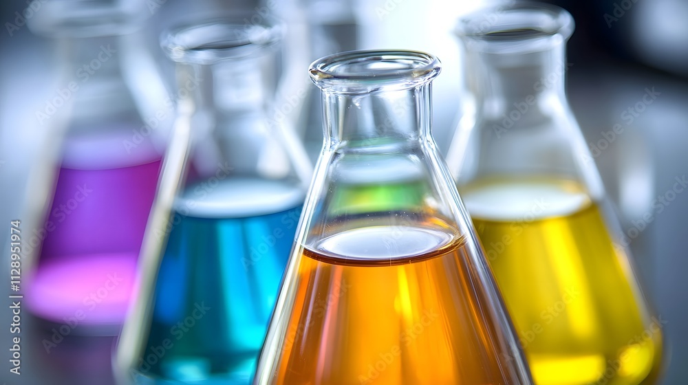 Close-up of laboratory glass flasks filled with colorful liquids, captured in soft lighting, their smooth, transparent surfaces showcasing the brilliance of the liquids inside. Close-up of laboratory glass flasks filled with colorful liquids, captured in soft lighting, their smooth, transparent surfaces showcasing the brilliance of the liquids inside.