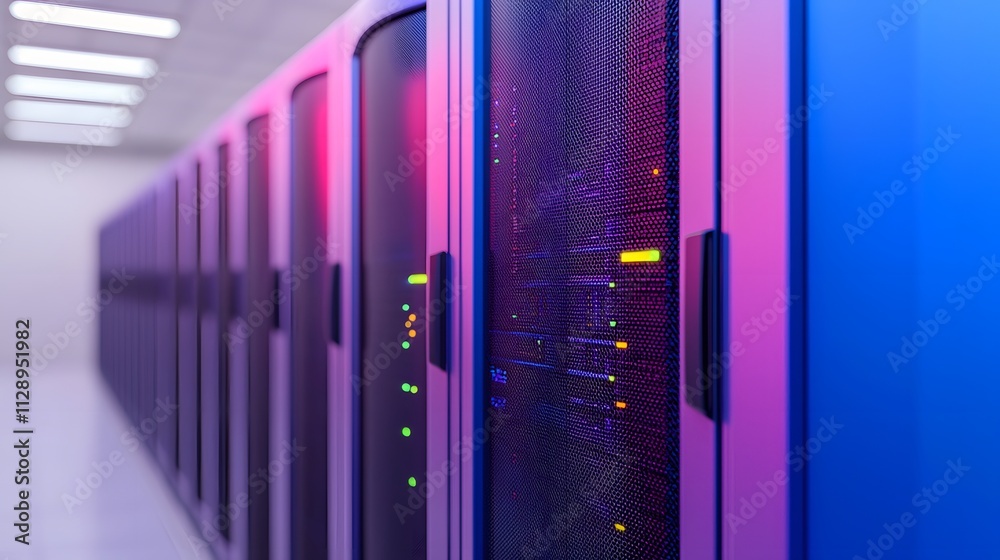 A Stunning Glimpse into Tomorrow's Server Room with Vibrant Fiber Optics and Sleek Design. Fiber optic, Network, Infrastructure Concept A Stunning Glimpse into Tomorrow's Server Room with Vibrant Fiber Optics and Sleek Design. Fiber optic, Network, Infrastructure Concept