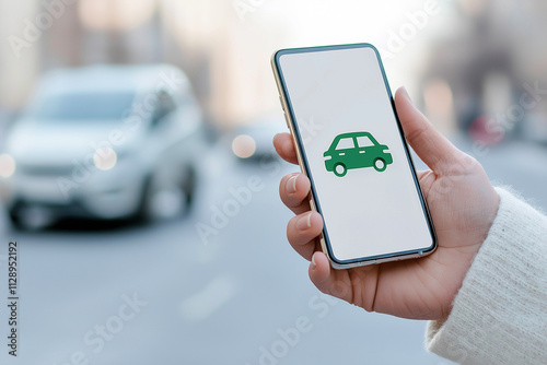 Smartphone displaying taxi app icon held by hand in urban street setting, representing modern transportation solutions and the convenience of ordering a ride from a mobile device, urban mobility.