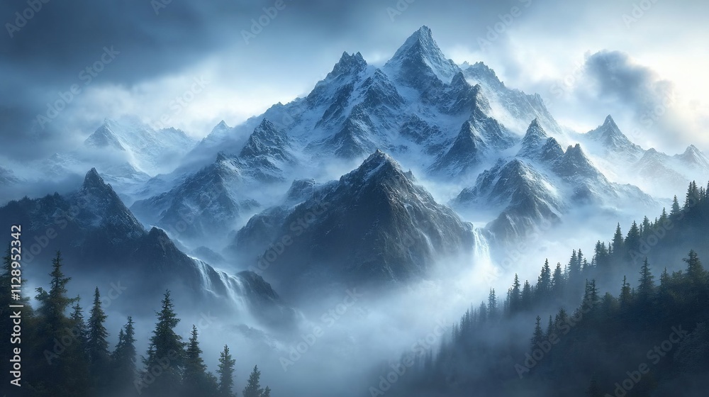 Majestic snow-capped mountains shrouded in mist, waterfalls cascading down rocky slopes, evergreen forest in the foreground. Majestic snow-capped mountains shrouded in mist, waterfalls cascading down rocky slopes, evergreen forest in the foreground.