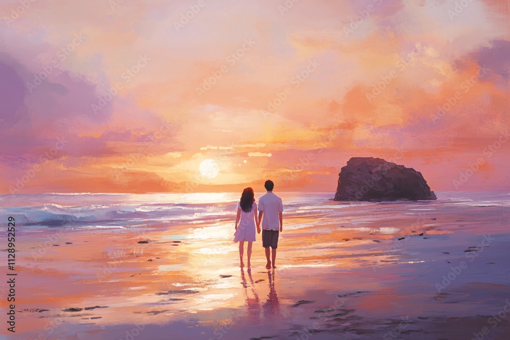 A couple walking along the beach, gazing at a huge rock in the distance as the pink sunset bathes the scene in soft light, tender and peaceful mood, medium close-up 3 A couple walking along the beach, gazing at a huge rock in the distance as the pink sunset bathes the scene in soft light, tender and peaceful mood, medium close-up 3