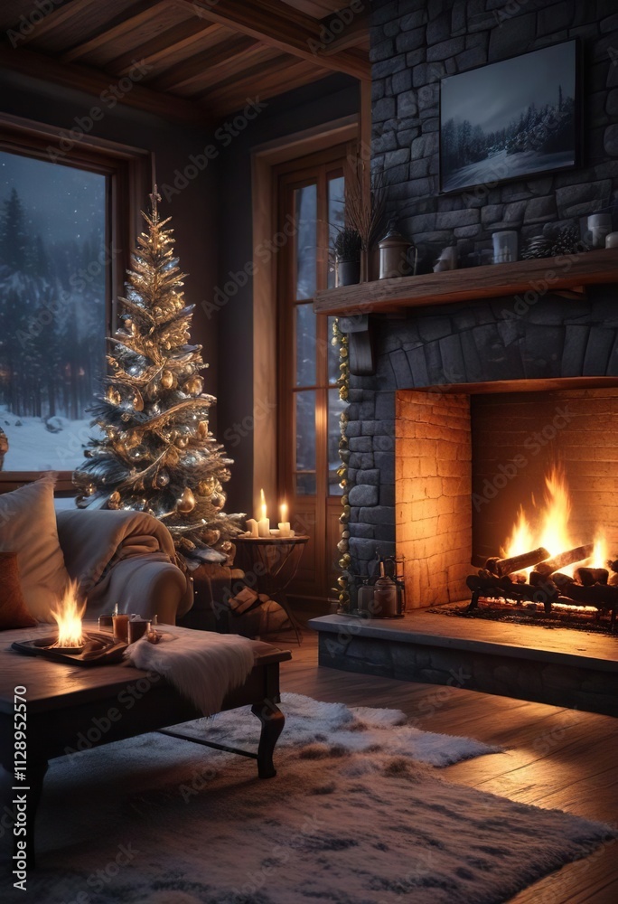 Magical winter scene by the crackling fireplace at night, magical, winter Magical winter scene by the crackling fireplace at night, magical, winter