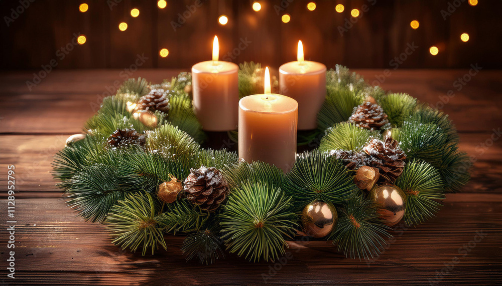 Three lit candles stand in an evergreen wreath decorated with golden stars on a wooden table with warm bokeh lights in the background. Three lit candles stand in an evergreen wreath decorated with golden stars on a wooden table with warm bokeh lights in the background.