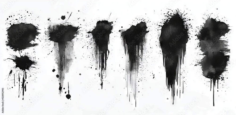 A collection of black ink brushstrokes, lines, frames, and paint textures, featuring splashes of grunge. Artistic box with isolated texture, drops, and blots. A collection of black ink brushstrokes, lines, frames, and paint textures, featuring splashes of grunge. Artistic box with isolated texture, drops, and blots.
