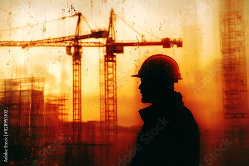 A construction worker's silhouette seen through frosted glass at a building site, subtle orange tones, light distortion creating an abstract effect, cranes and scaffolding blurred in the background 3