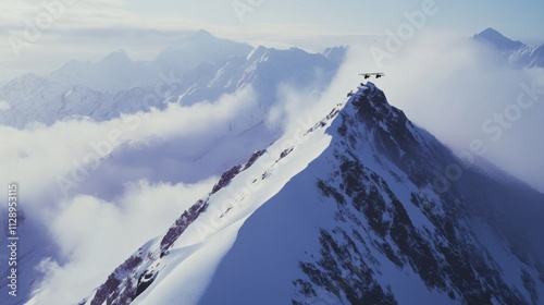 A high-altitude mountain peak covered in snow and mist, Alpine style, photo of photo