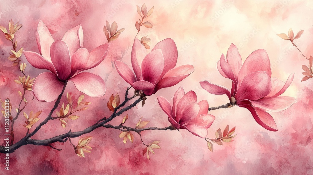 A close-up of pink magnolia blossoms on golden branches set against a light marbled background. A close-up of pink magnolia blossoms on golden branches set against a light marbled background.