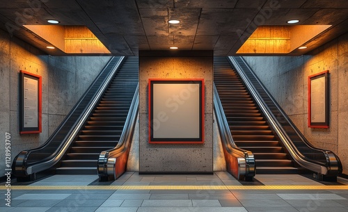 A 3D illustration of a poster mockup showcasing advertisements on an escalator at a NYC subway station.