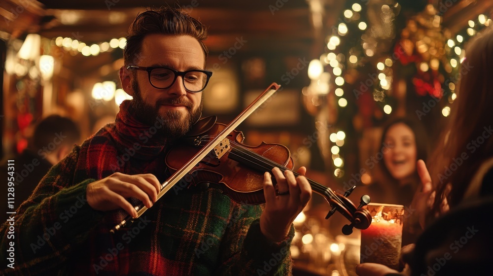 Fototapeta premium Bearded Man in Glasses Playing Violin on Festive Stage with Christmas Lights