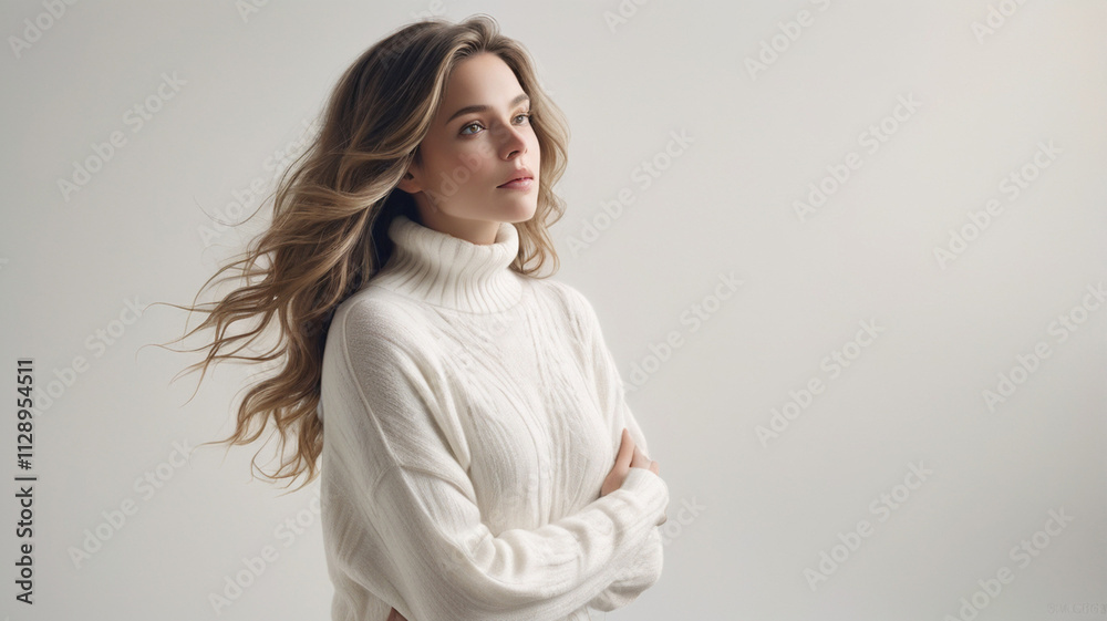 Young woman with long blonde hair wearing a white turtleneck sweater. Young woman with long blonde hair wearing a white turtleneck sweater.