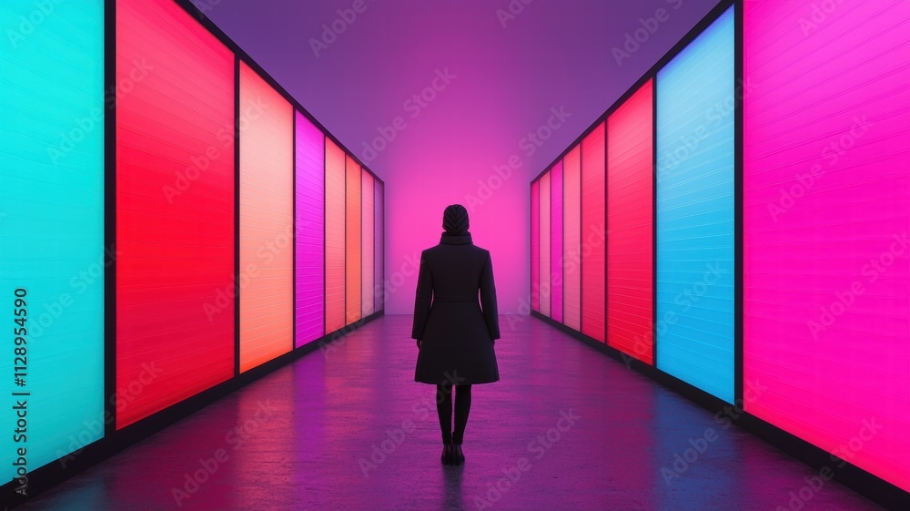 A person walks through a vibrant, illuminated corridor featuring colorful walls in shades of pink and blue, creating a striking visual atmosphere. A person walks through a vibrant, illuminated corridor featuring colorful walls in shades of pink and blue, creating a striking visual atmosphere.