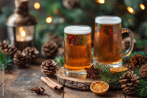 Two glasses of beer with pine cones and orange slices on a wooden table