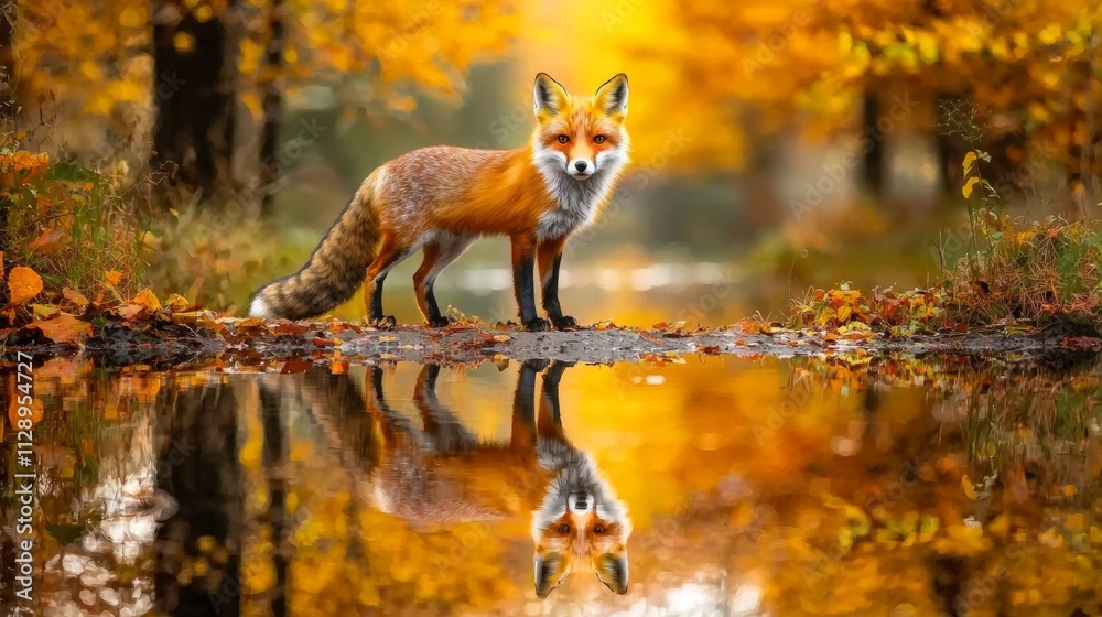 Naklejka premium A red fox standing in a stream is perfect for wildlife and nature documentaries, websites, or social media posts.