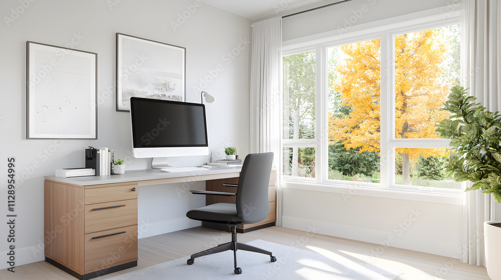 Fototapeta premium Clutter-free office desk in 3D rendering featuring minimal decor, modern monitor, and organized workspace