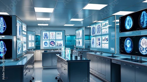 Advanced Medical Laboratory with Digital Screens Displaying X-Rays and Brain Scans in High-Tech Environment

 photo