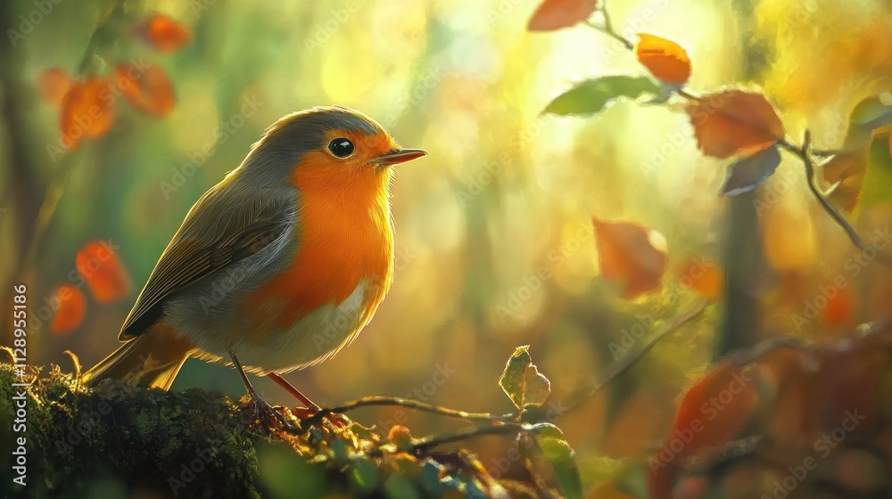 Obraz premium A close-up of a small bird perched on a branch in a softly lit, autumnal forest setting.