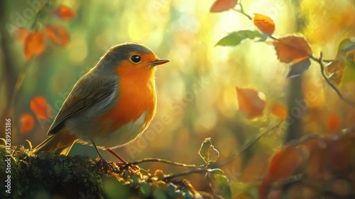 A close-up of a small bird perched on a branch in a softly lit, autumnal forest setting.