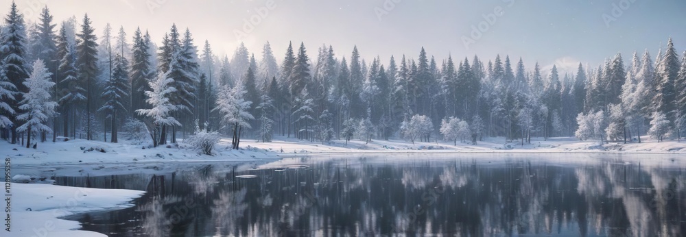 A serene winter landscape with snow-covered trees and a frozen lake on Christmas Day, with a few snowflakes gently falling, snow covered trees, snowy trees A serene winter landscape with snow-covered trees and a frozen lake on Christmas Day, with a few snowflakes gently falling, snow covered trees, snowy trees