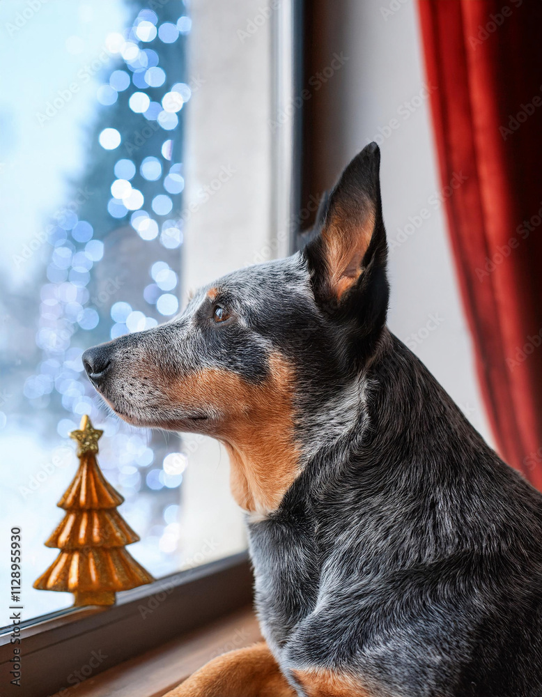 An Australian Cattle Dog sits by a window next to a small golden Christmas tree decoration with twinkling lights and red curtains in the background. An Australian Cattle Dog sits by a window next to a small golden Christmas tree decoration with twinkling lights and red curtains in the background.