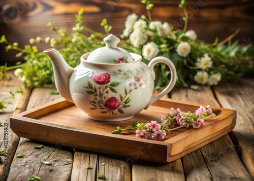 Elegant Ceramic Teapot with Floral Branch on Wooden Tray, Perfect for Afternoon Tea Settings, Showcasing Graceful Design and Natural Elements for a Cozy Atmosphere