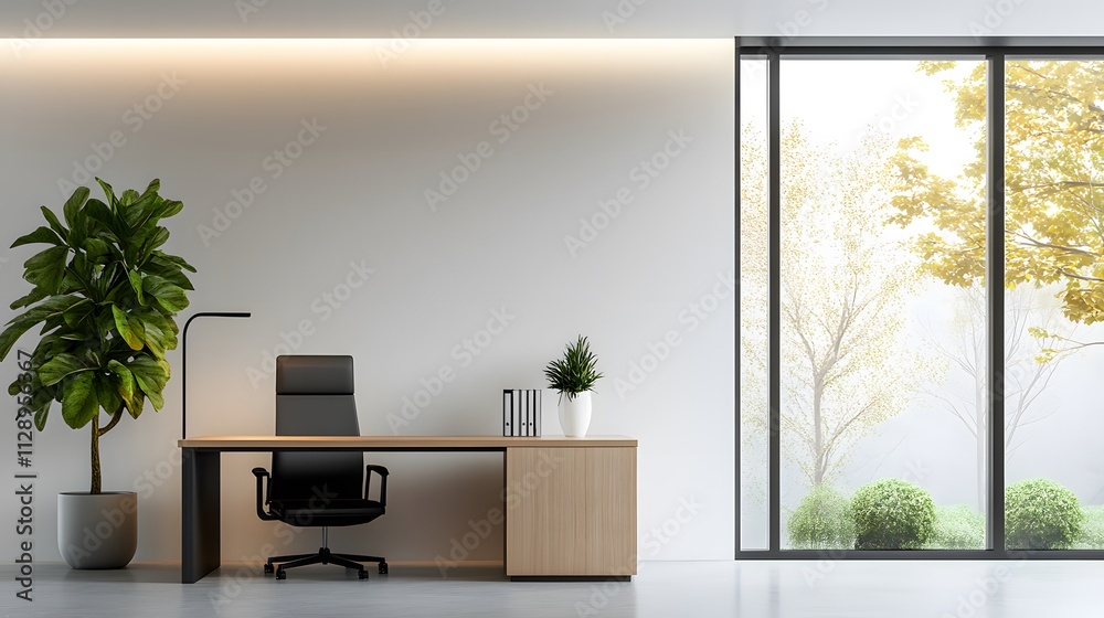 Fototapeta premium Professional office desk with modern design, clean layout, and functional workspace elements, 3D rendering