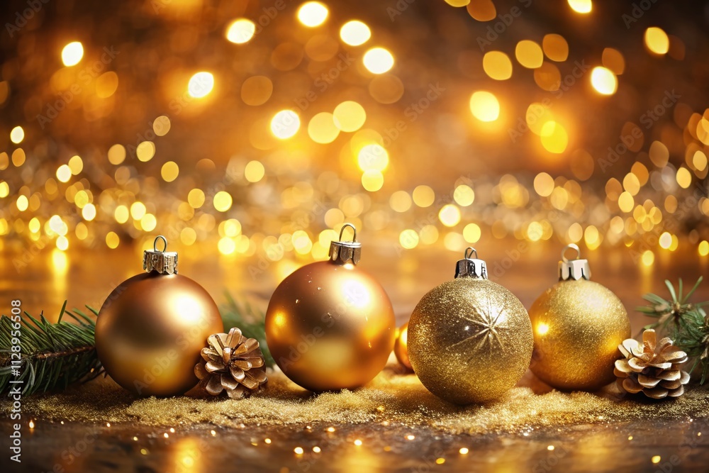 Elegant Christmas and New Year's Card Design with Golden Background, Shimmering Ornaments, and Soft Bokeh Lights, Featuring Ample Space for Personal Text Messages Elegant Christmas and New Year's Card Design with Golden Background, Shimmering Ornaments, and Soft Bokeh Lights, Featuring Ample Space for Personal Text Messages