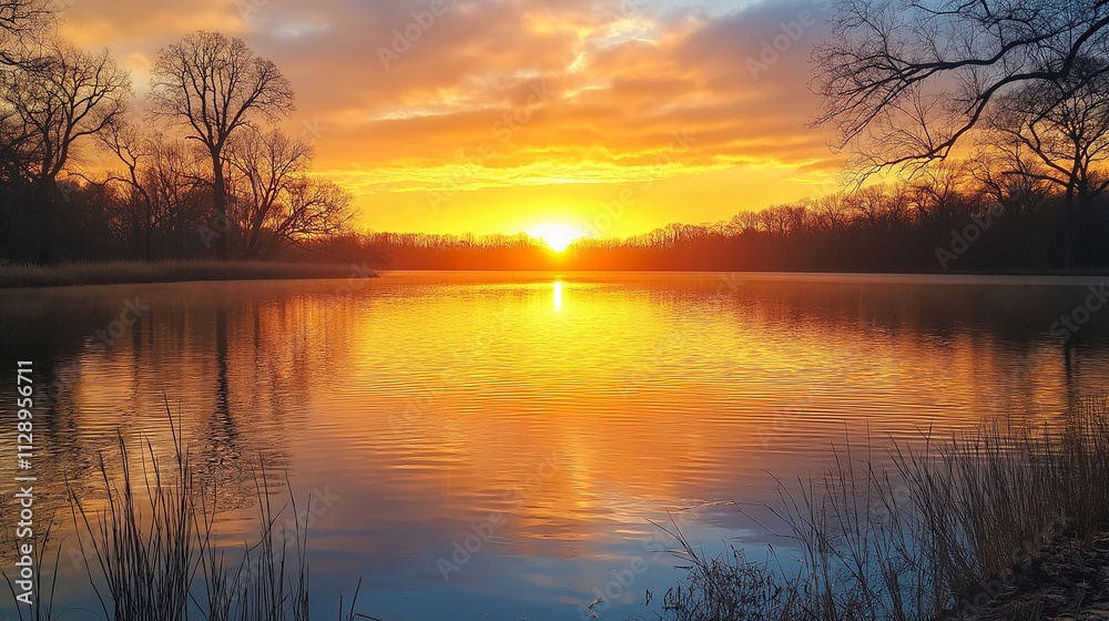 A serene lake with soft, golden hues of the sunrise, with a trees lining the shore A serene lake with soft, golden hues of the sunrise, with a trees lining the shore