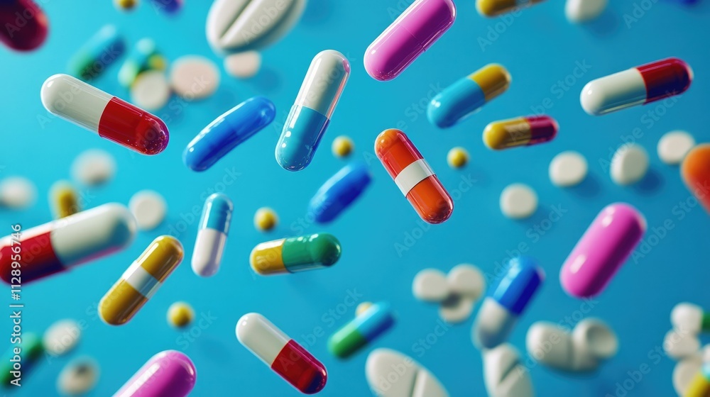 Multi-colored pills and capsules of drugs flying in all directions Multi-colored pills and capsules of drugs flying in all directions
