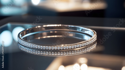 A platinum and diamond cuff bracelet displayed in a minimalist glass case with pristine lighting. photo