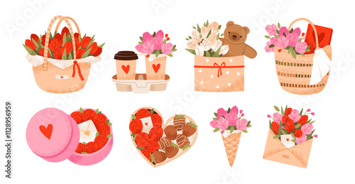 Valentine’s Day bouquet with roses, chocolates, and a teddy bear. Wicker basket filled with sweets, flowers, and love letters. Delicate flat vector floral arrangemen illustrations.