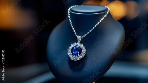 A platinum necklace with a sapphire pendant radiating under warm lighting on a display stand.