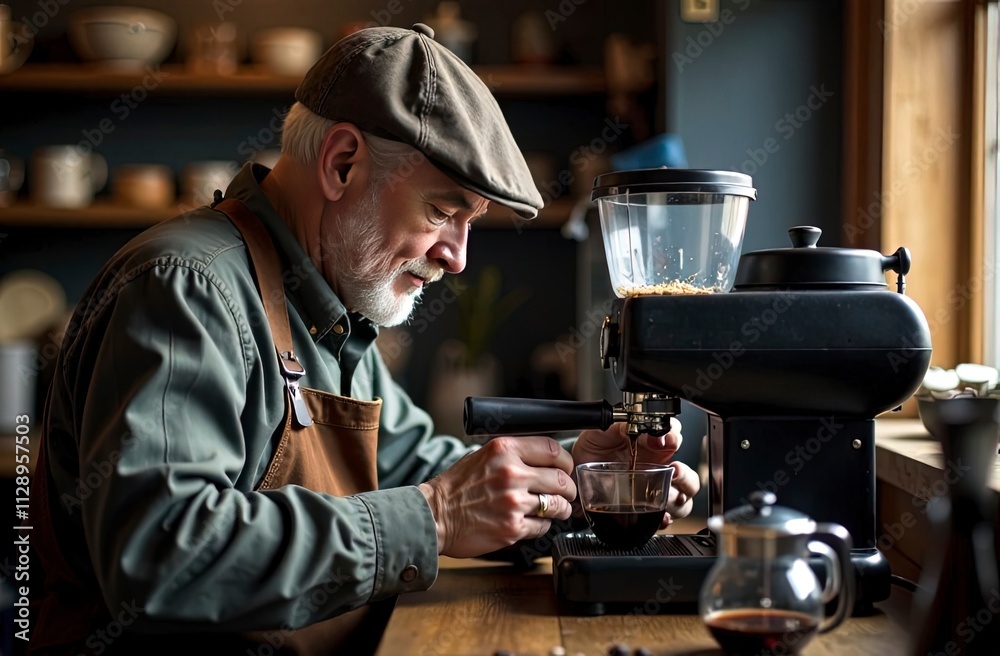 Old man brewing coffee in a small home café, carefully grinding beans, deep in thought, surrounded by vintage coffee-making tools Old man brewing coffee in a small home café, carefully grinding beans, deep in thought, surrounded by vintage coffee-making tools