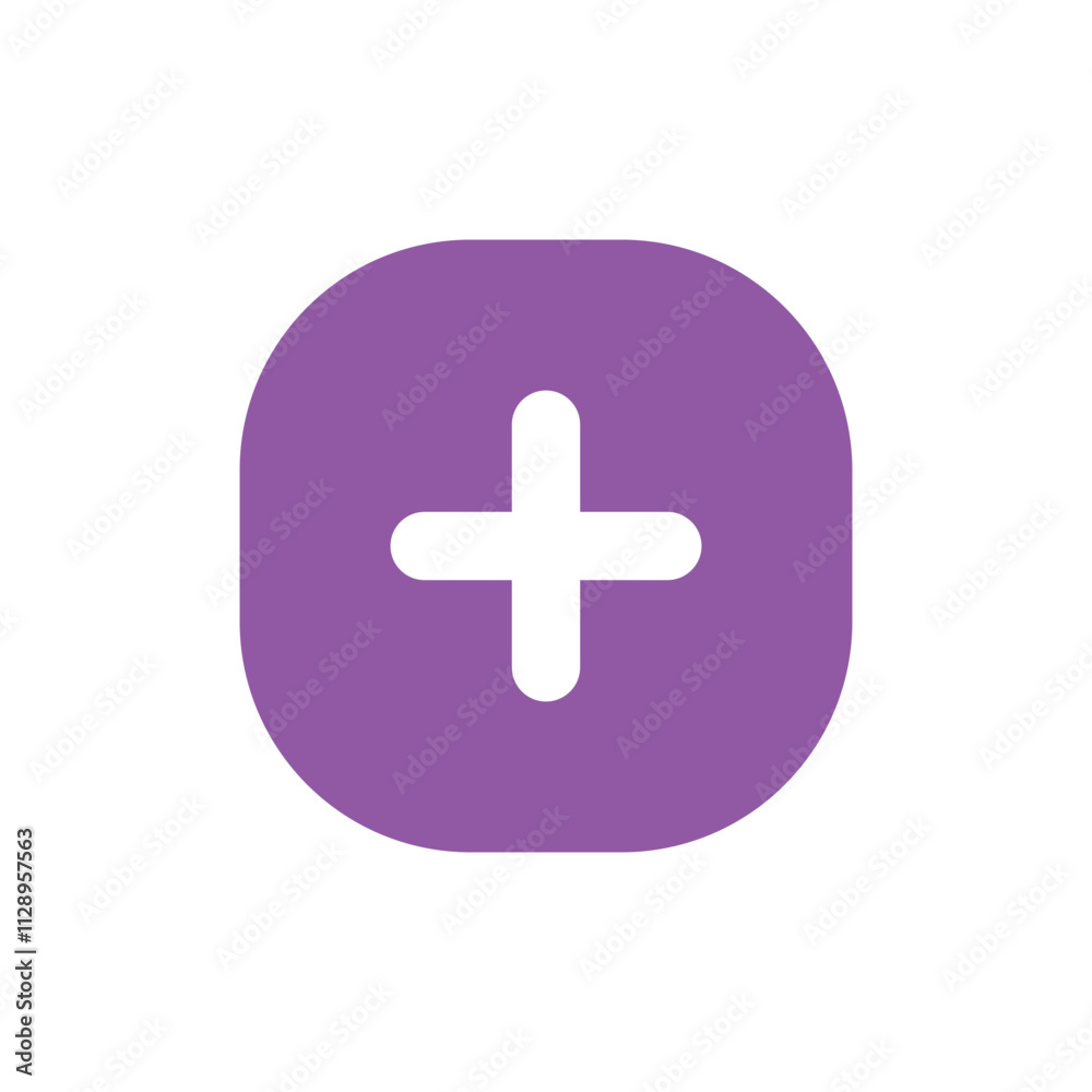 Purple Square Button with Central Plus Sign, Pixelated Design Purple Square Button with Central Plus Sign, Pixelated Design