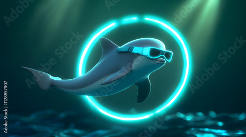 A playful 3D cartoon dolphin wearing goggles leaping through a glowing hoop in a vibrant ocean. photo