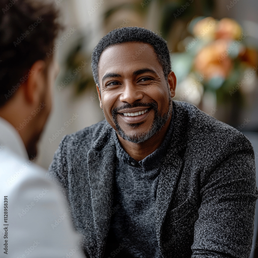 Smiling man enjoying a professional consultation in a modern office setting Smiling man enjoying a professional consultation in a modern office setting